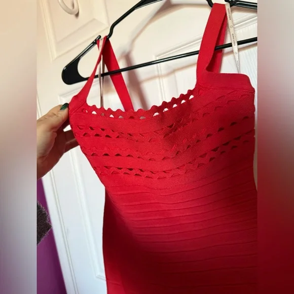 Herve Leger Vibrant Red Bandage Dress with Scalloped Neckline NWT
